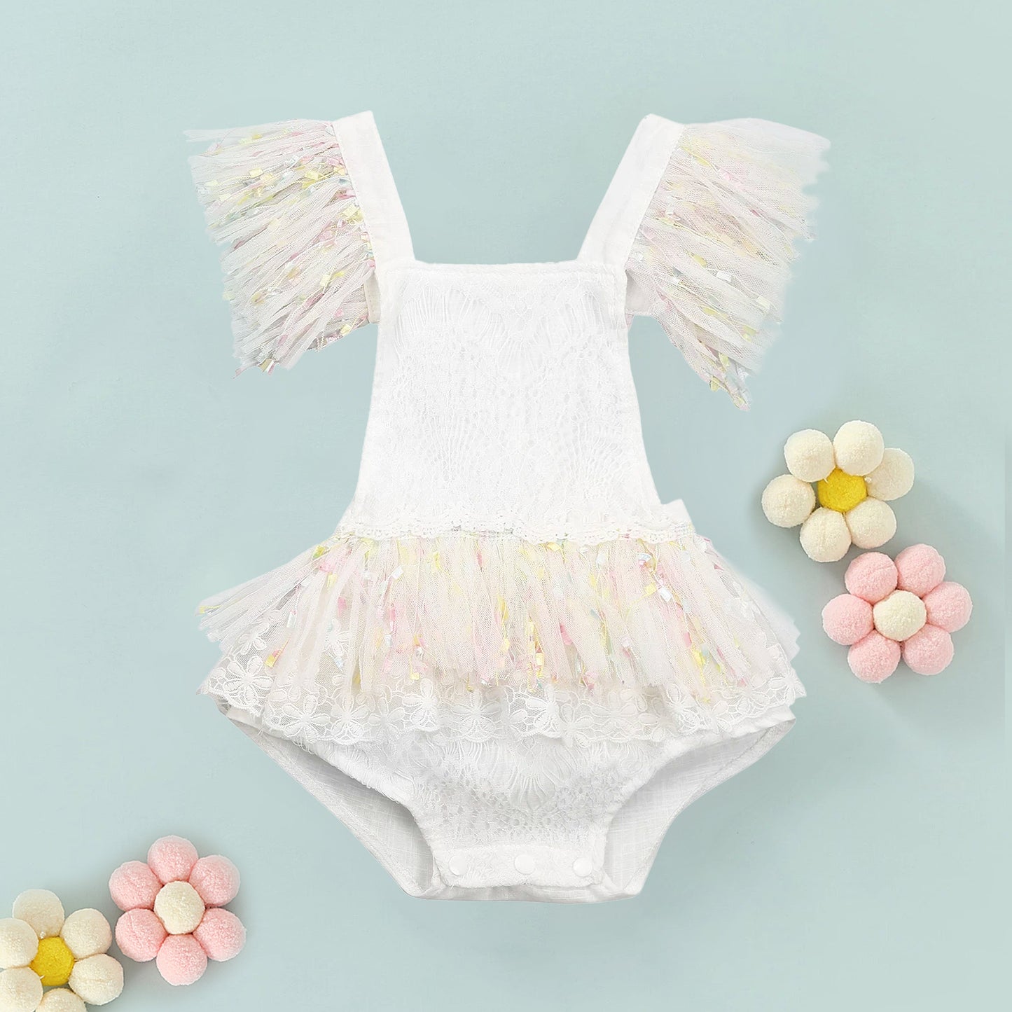 First Birthday Cake Smash Outfit Girl, White Lace Romper with Rainbow Tassel