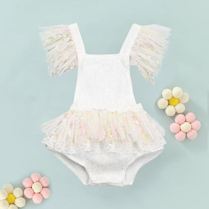 First Birthday Cake Smash Outfit Girl, White Lace Romper with Rainbow Tassel