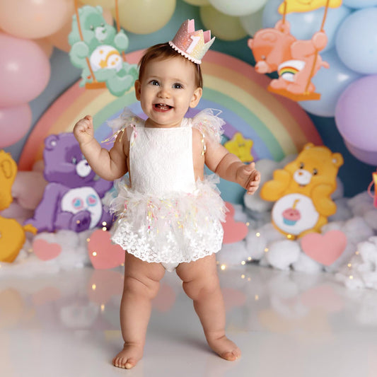 First Birthday Cake Smash Outfit Girl, White Lace Romper with Rainbow Tassel