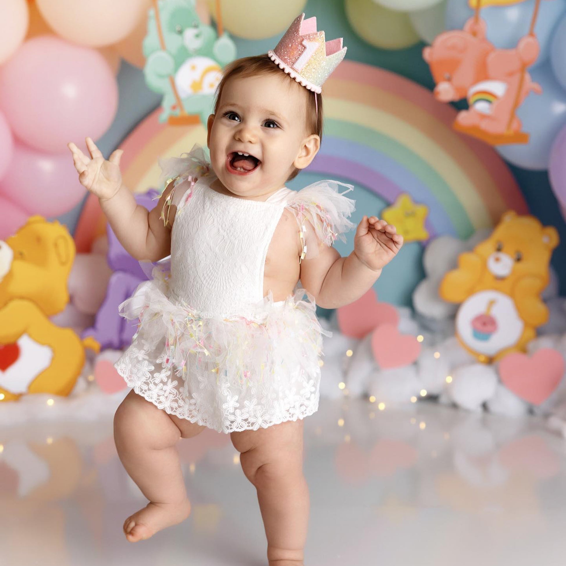 First Birthday Cake Smash Outfit Girl, White Lace Romper with Rainbow Tassel