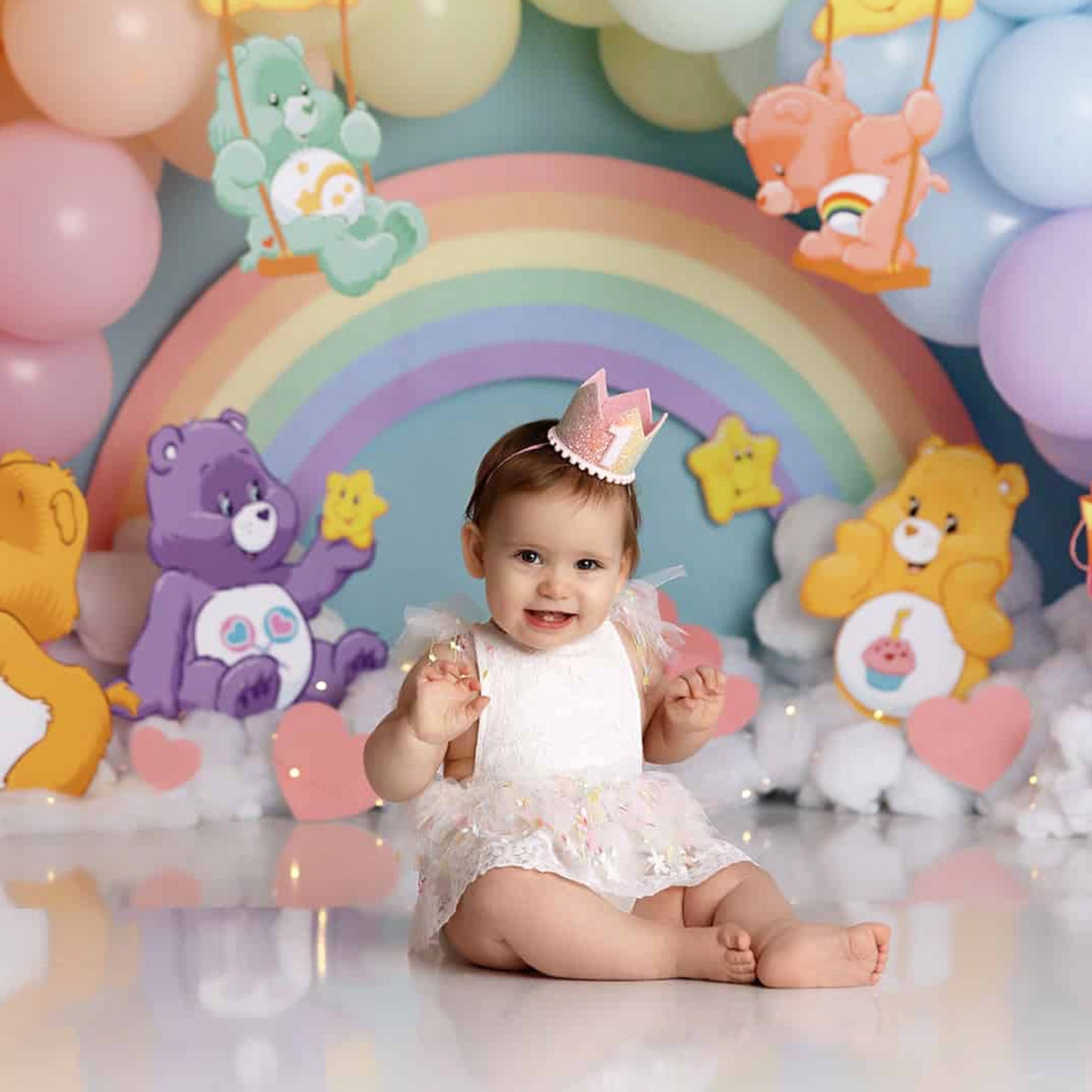 First Birthday Cake Smash Outfit Girl, White Lace Romper with Rainbow Tassel