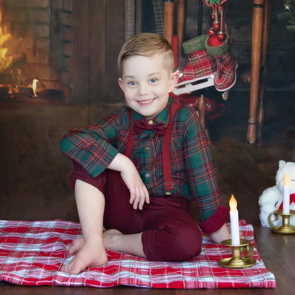 Christmas baby boy outfit. Toddler boy clothes set tartan plaid shirt with bow tie & Suspender Pants. Kids suit for Xmas holiday photo shoot