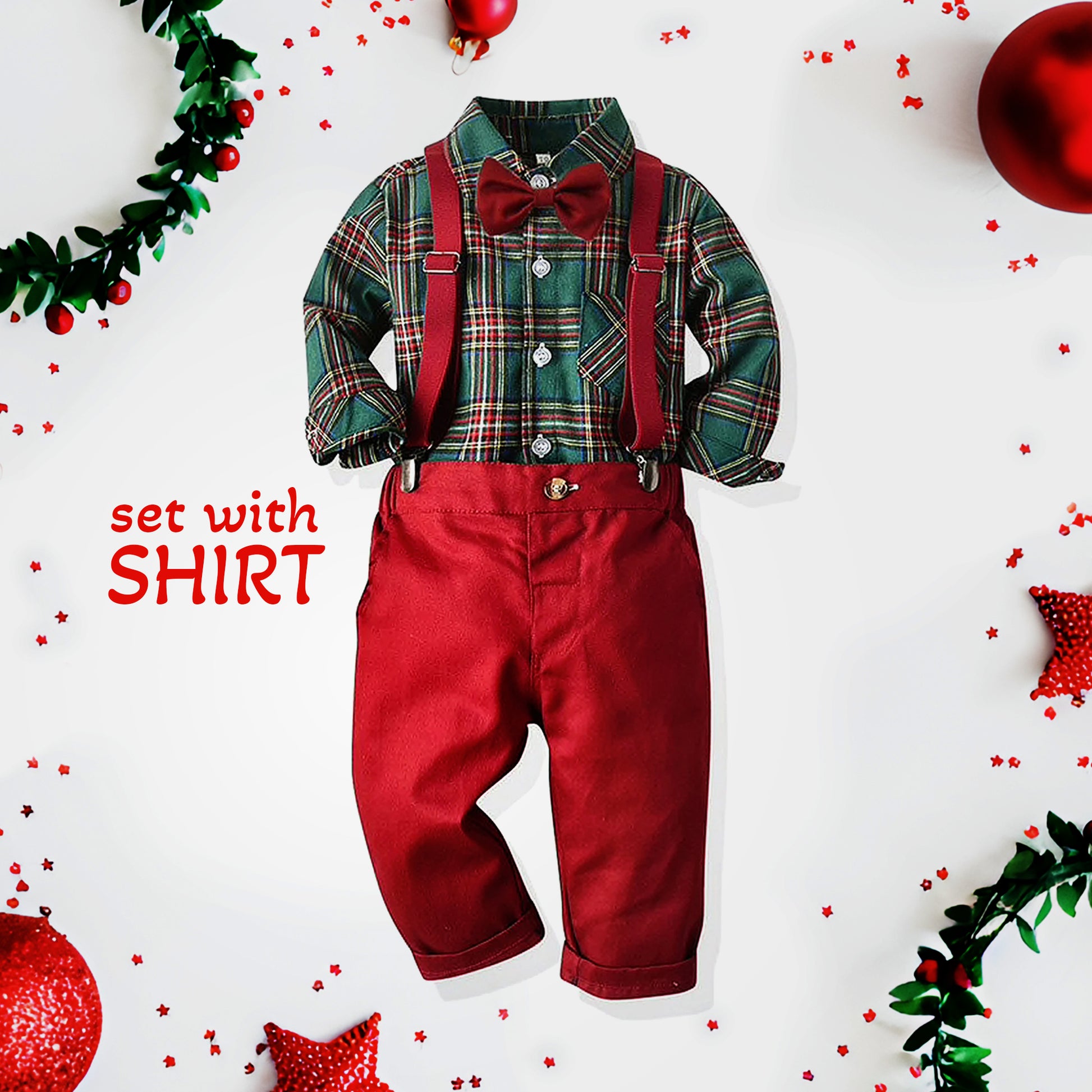 Christmas baby boy outfit. Toddler boy clothes set tartan plaid shirt with bow tie & Suspender Pants. Kids suit for Xmas holiday photo shoot