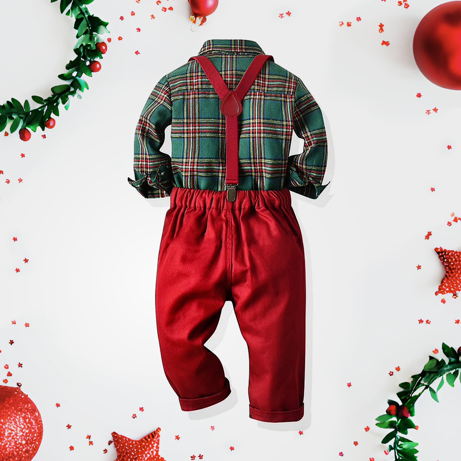 Christmas baby boy outfit. Toddler boy clothes set tartan plaid shirt with bow tie & Suspender Pants. Kids suit for Xmas holiday photo shoot