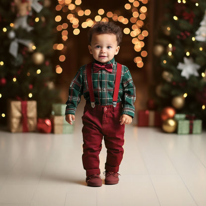 Christmas baby boy outfit. Toddler boy clothes set tartan plaid shirt with bow tie & Suspender Pants. Kids suit for Xmas holiday photo shoot