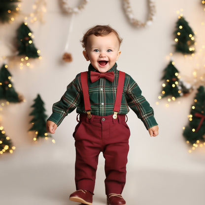 Christmas baby boy outfit. Toddler boy clothes set tartan plaid shirt with bow tie & Suspender Pants. Kids suit for Xmas holiday photo shoot