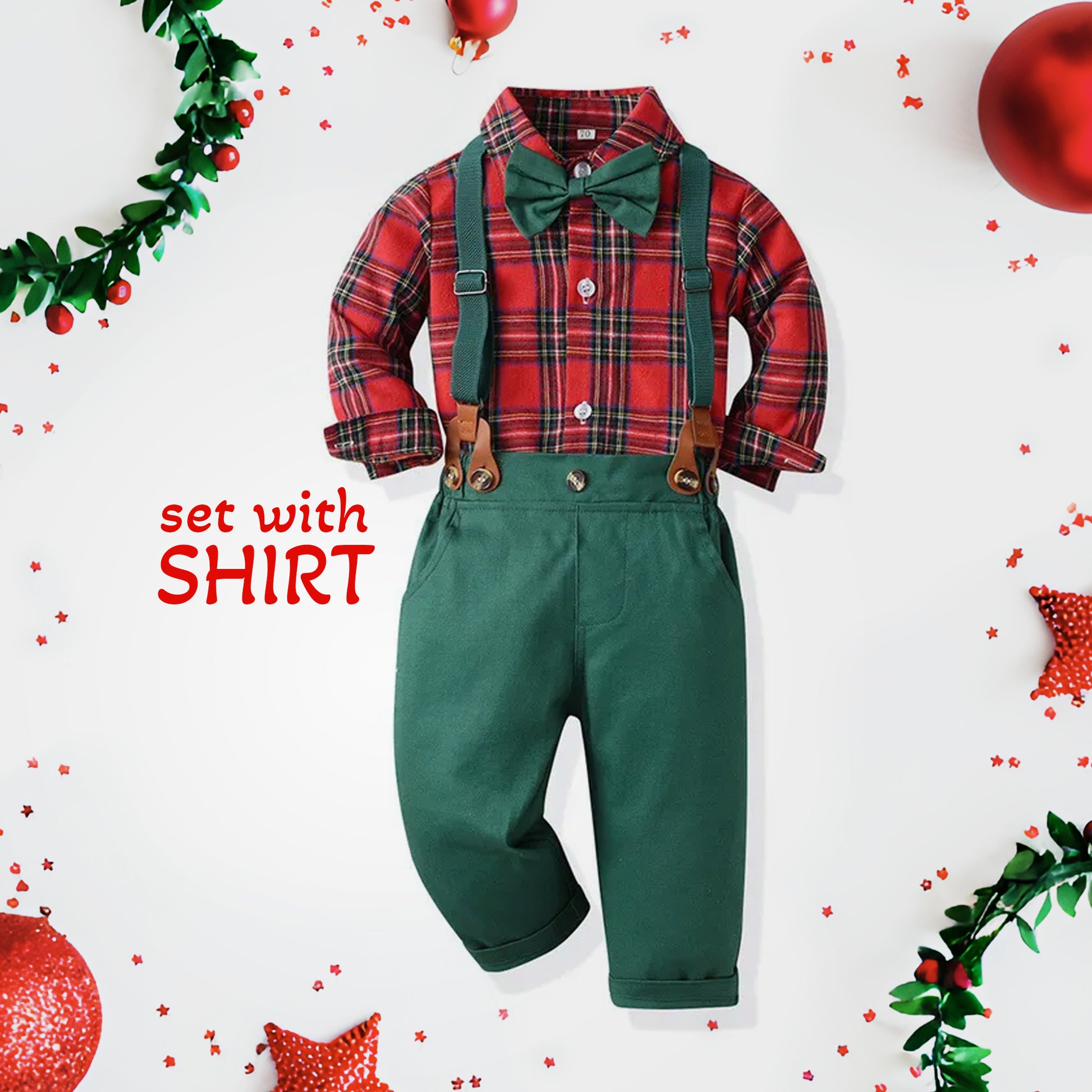 Christmas Baby Boy Outfit, Xmas Clothes Set pc with Tartan Plaid Shirt