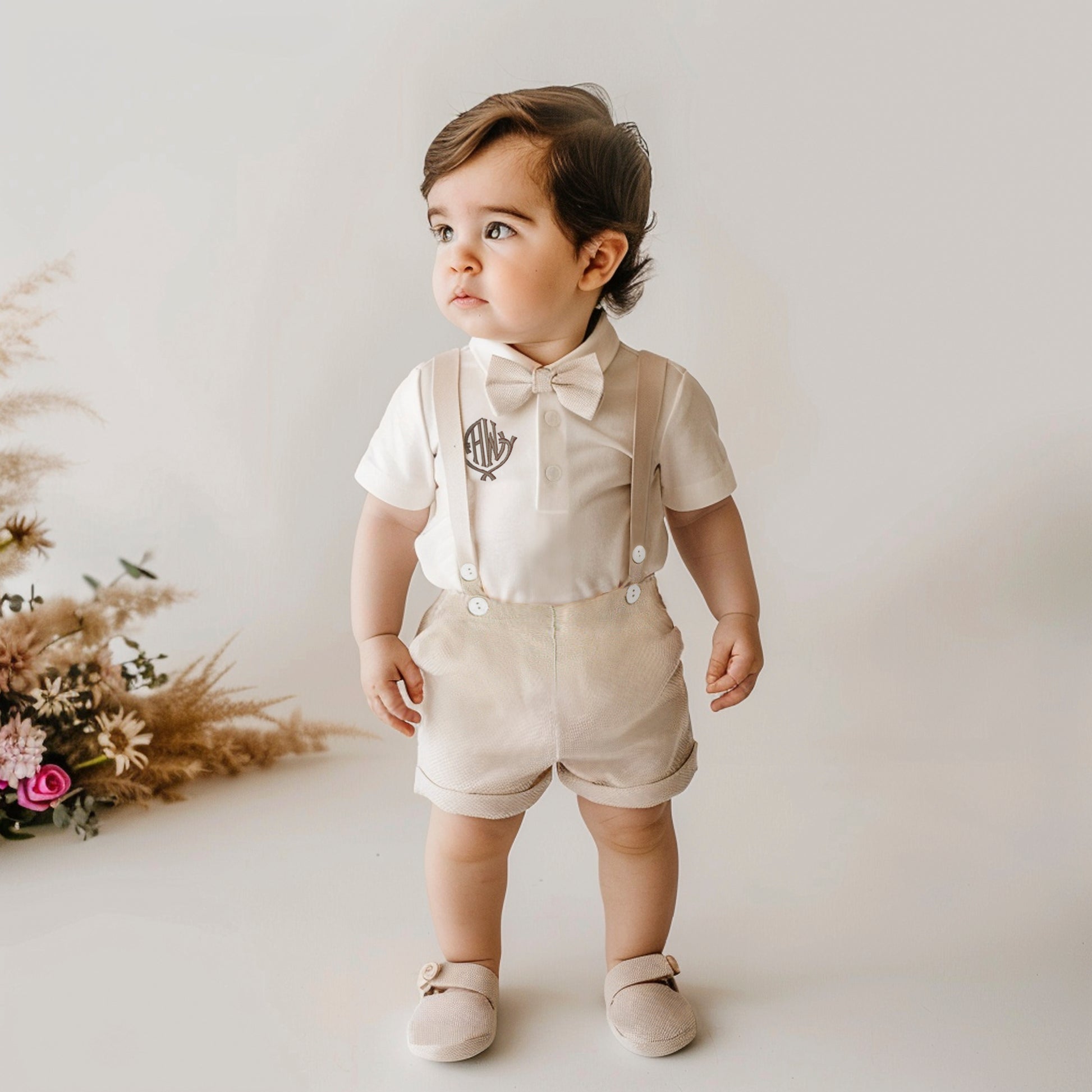 Personalized Baby Boy Outfit Beige Neutral for Special Occasion, custom name or monogram baby shirt for First birthday