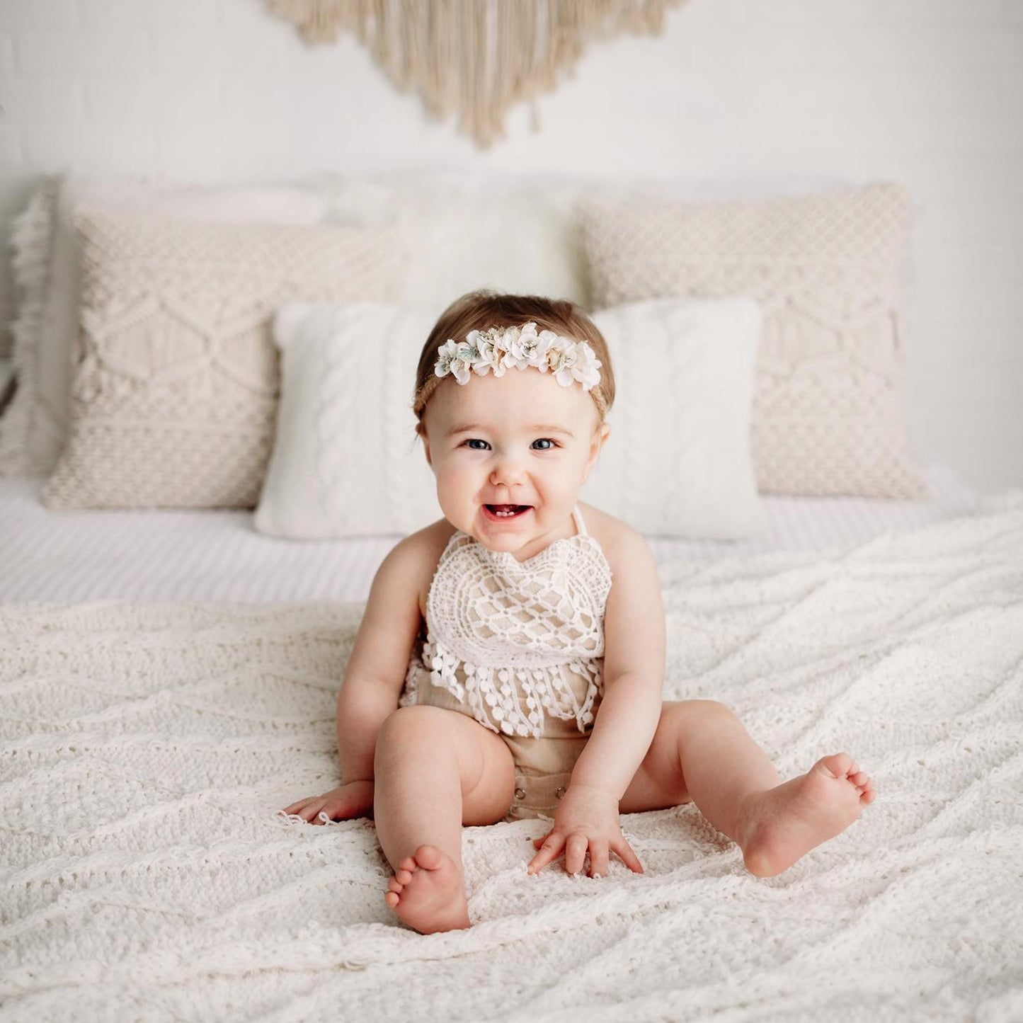 Beige lace floral romper for Cake Smash.