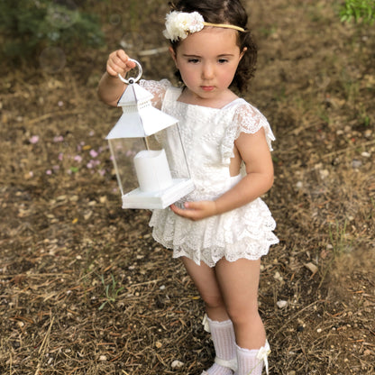 White Boho Lace Baby Girl Romper with Stockings for Special Occasion. First Birthday, Smash Cake, Baptism, Wedding Outfit