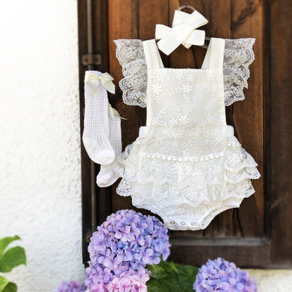 White Boho Lace Baby Girl Romper with Stockings for Special Occasion. First Birthday, Smash Cake, Baptism, Wedding Outfit