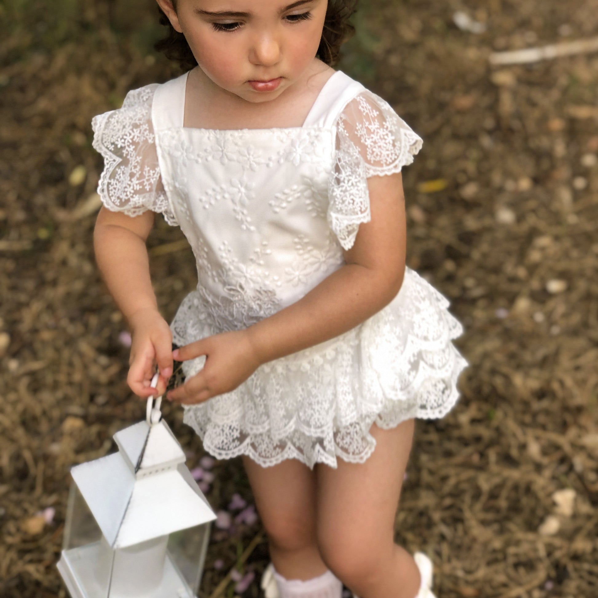 White Boho Lace Baby Girl Romper with Stockings for Special Occasion. First Birthday, Smash Cake, Baptism, Wedding Outfit