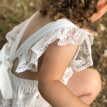 White Boho Lace Baby Girl Romper with Stockings for Special Occasion. First Birthday, Smash Cake, Baptism, Wedding Outfit