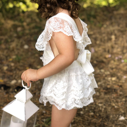 White Boho Lace Baby Girl Romper with Stockings for Special Occasion. First Birthday, Smash Cake, Baptism, Wedding Outfit