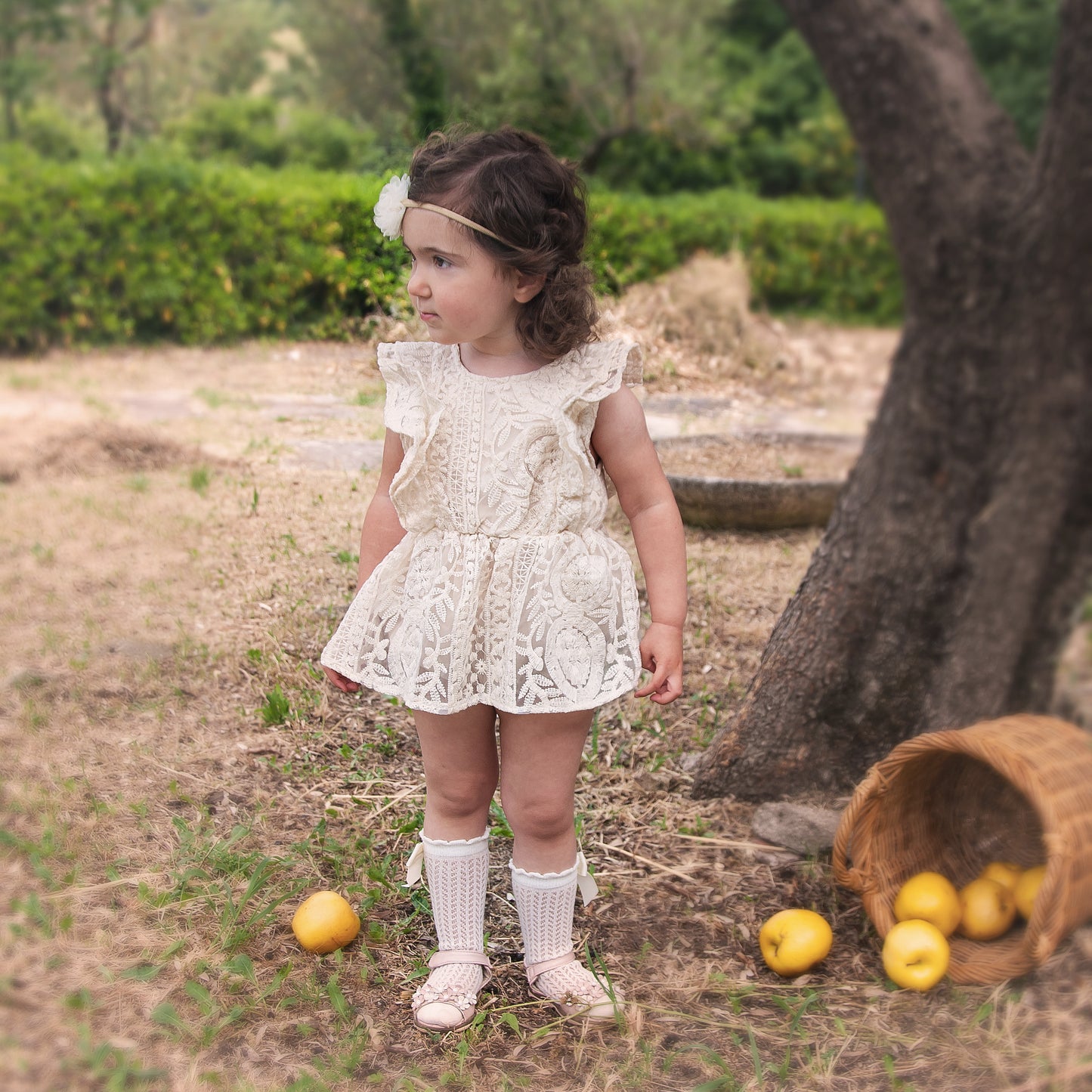 Boho First Birthday Outfit Girl - Ivory Baby Dress Romper, Lace Stockings and Floral Headband. Toddler Flower girl dress, Wedding baby gown, 1st birthday, one year smash cake session