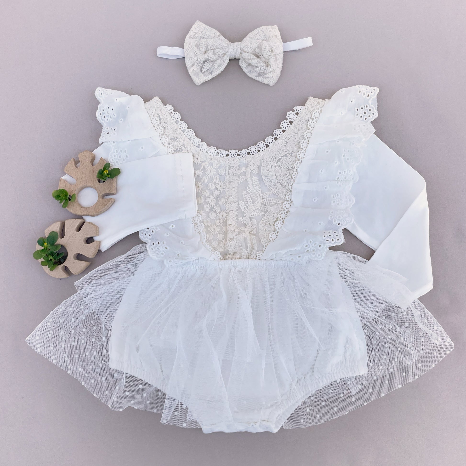 Lace newborn romper for Baptism.