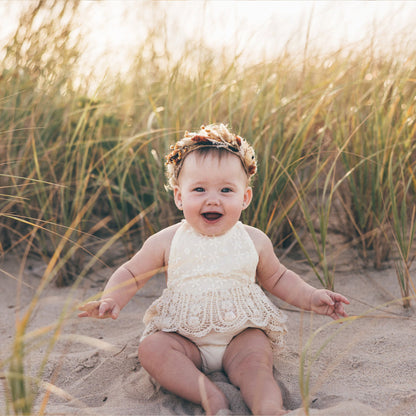 Boho Baby Girl Crochet Lace Romper for First Birthday Cake Smash Photoshoot