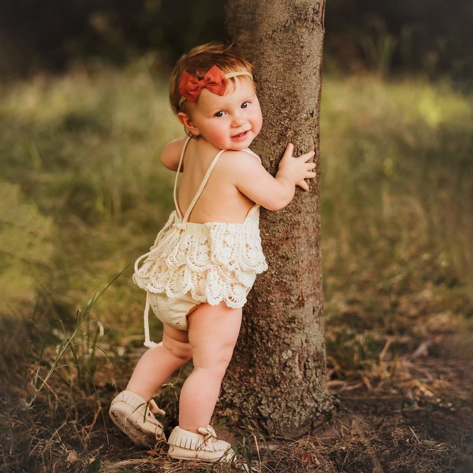 Beige Lace Dress for summer time. Boho Baby Girl Crochet Lace Romper for First Birthday Cake Smash Photoshoot