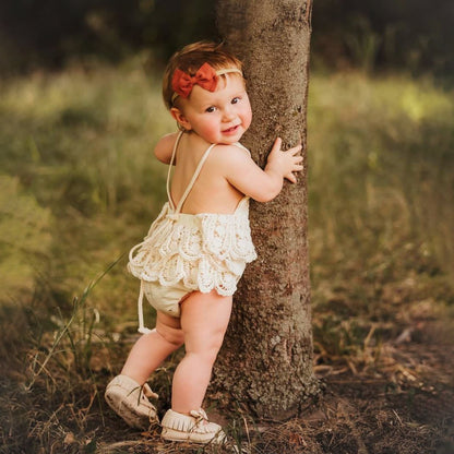 Beige Lace Dress for summer time. Boho Baby Girl Crochet Lace Romper for First Birthday Cake Smash Photoshoot