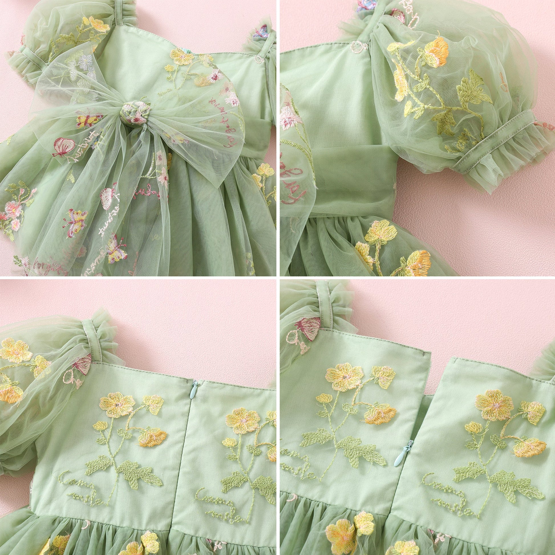 Floral Embroidered Tulle Romper for Toddler Girl, Bubble Puff Sleeve Baby Dress First Birthday Party, Toddler Flower girl dress Sage green