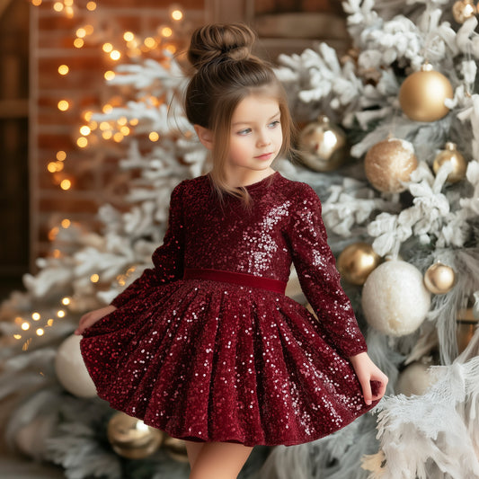 Sparkle Christmas Girls Dress: Burgundy Red Velvet Sequined Gown, Xmas Holiday Party Kids & Toddler Elegant Outfit for Special Occasion