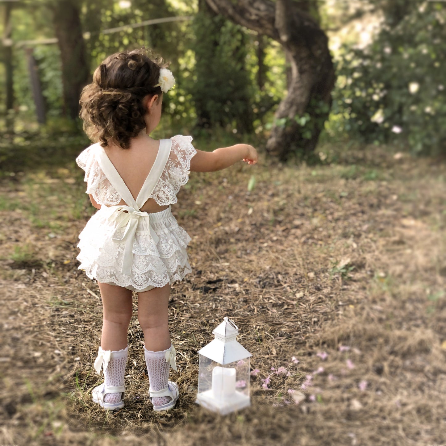 White Boho Lace Baby Girl Romper with Stockings for Special Occasion. First Birthday, Smash Cake, Baptism, Wedding Outfit