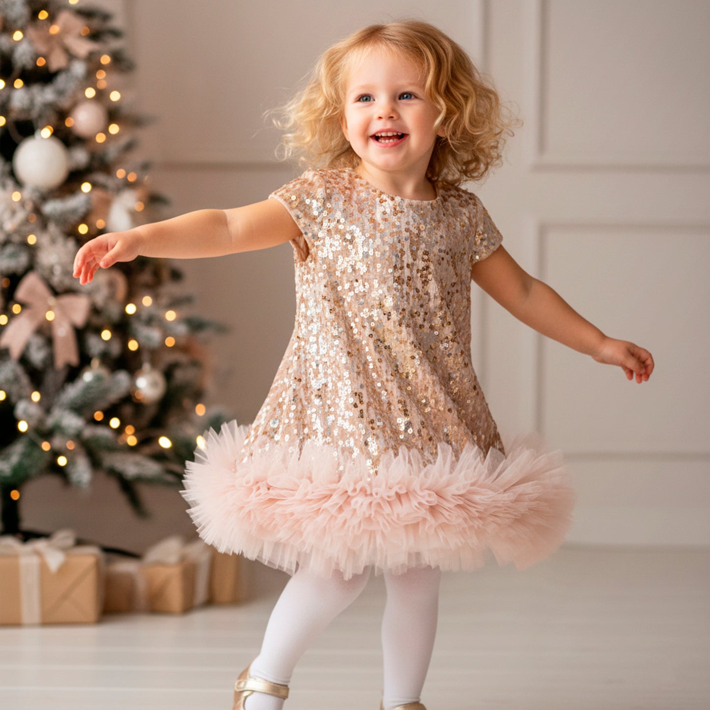 Toddler Girl Christmas Red Dress - Sparkle Sequin & Fluffy Tulle Ruffles