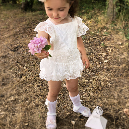 White Boho Lace Baby Girl Romper with Stockings for Special Occasion. First Birthday, Smash Cake, Baptism, Wedding Outfit