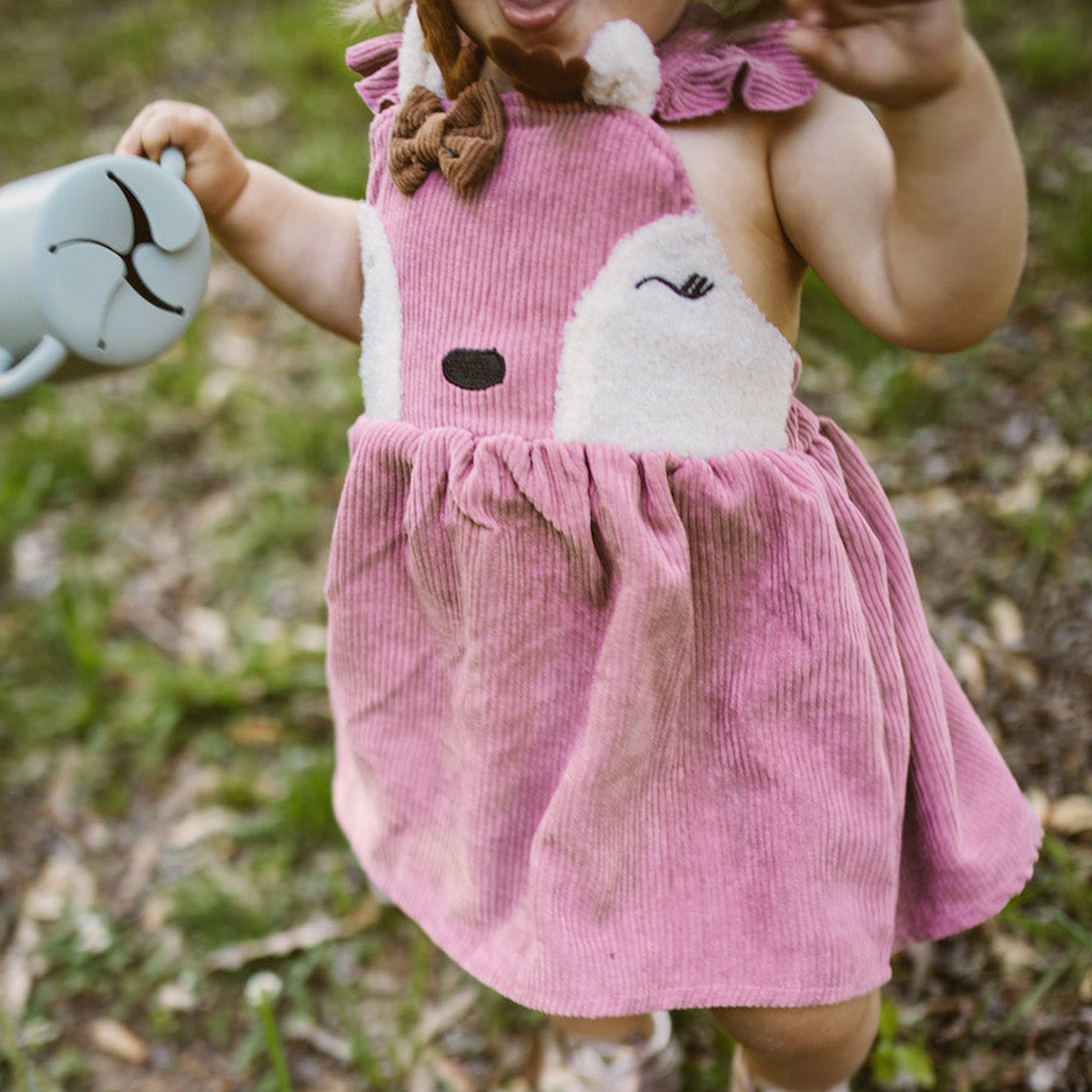 Pink Baby Girl Velvet Dress Apron, Xmas Deer Toddler Outfit, Forest Woodland Birthday