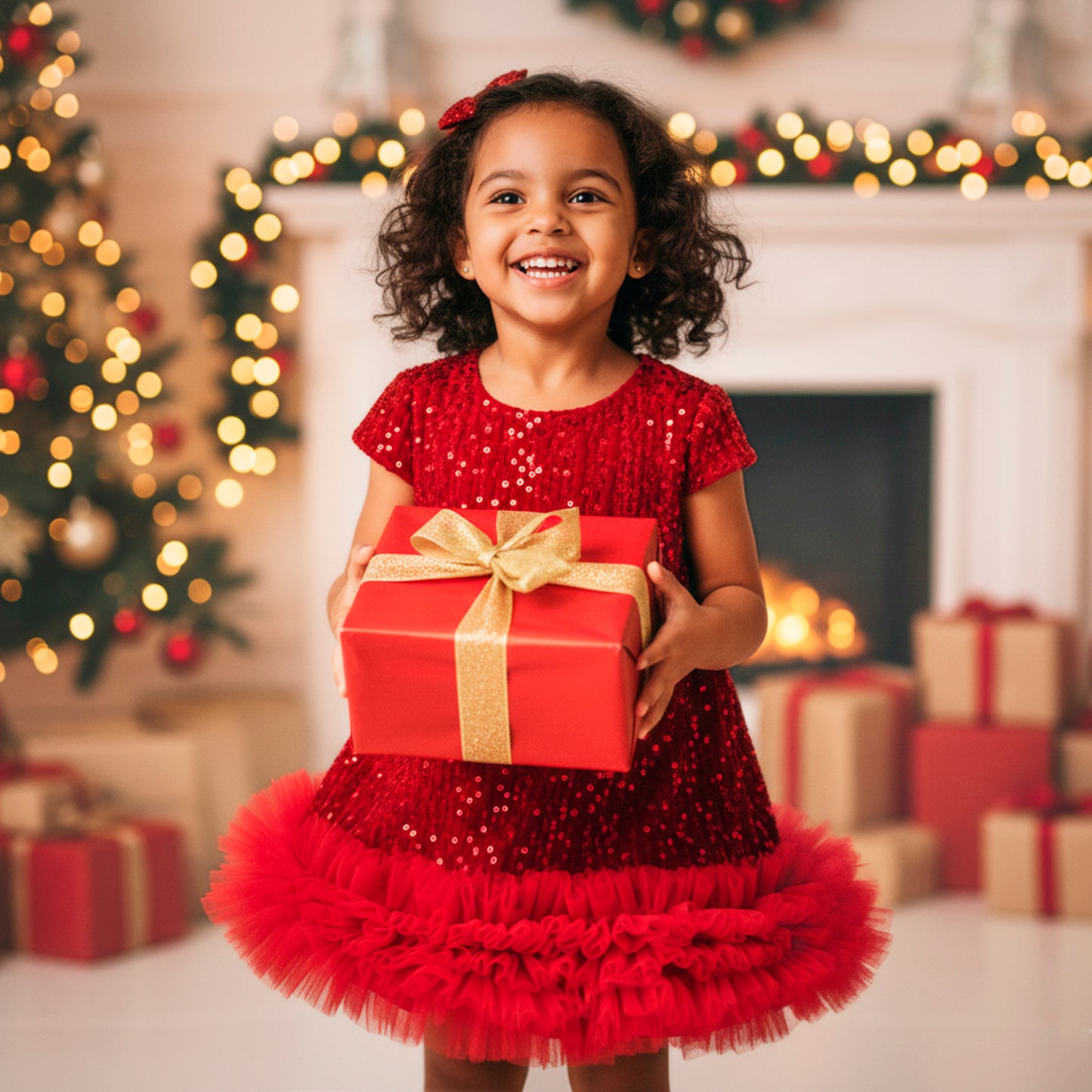 Toddler Girl Christmas Red Dress - Sparkle Sequin & Fluffy Tulle Ruffles
