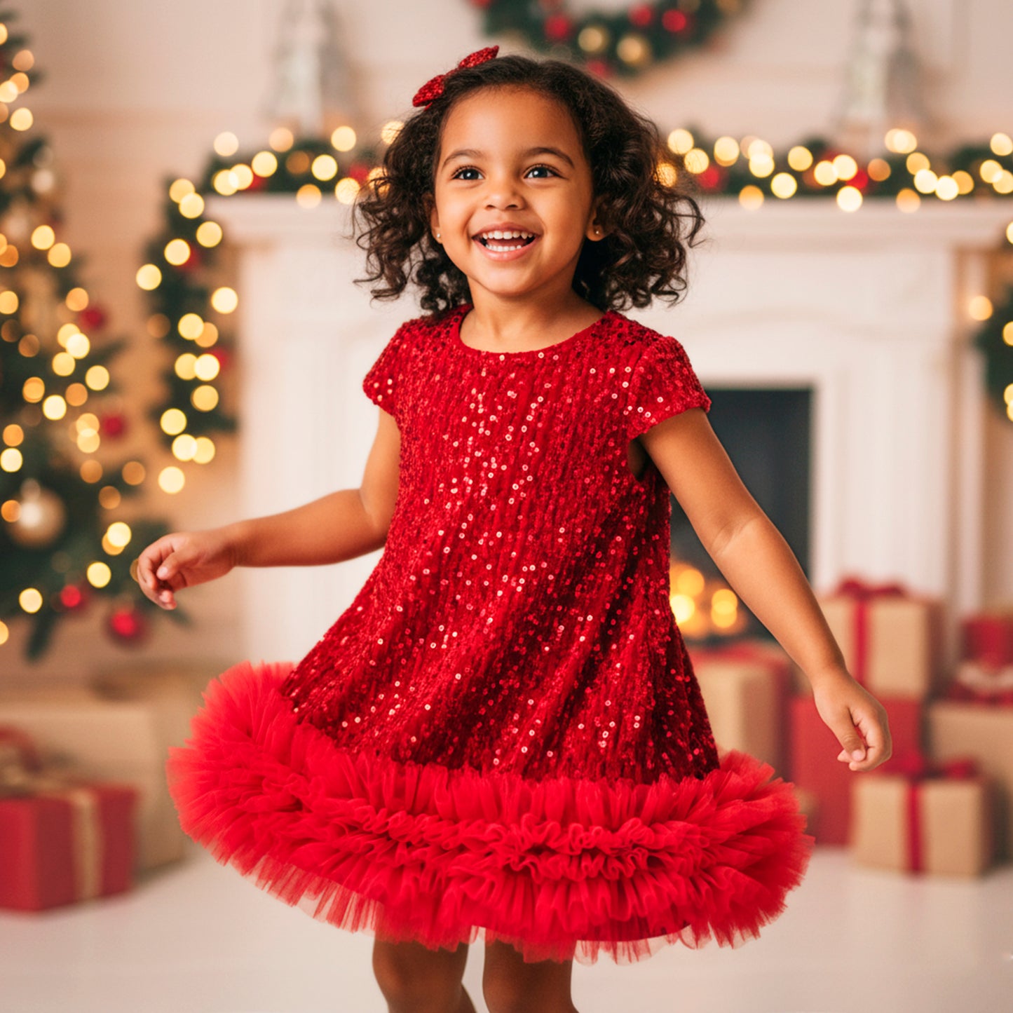 Toddler Girl Christmas Red Dress - Sparkle Sequin & Fluffy Tulle Ruffles