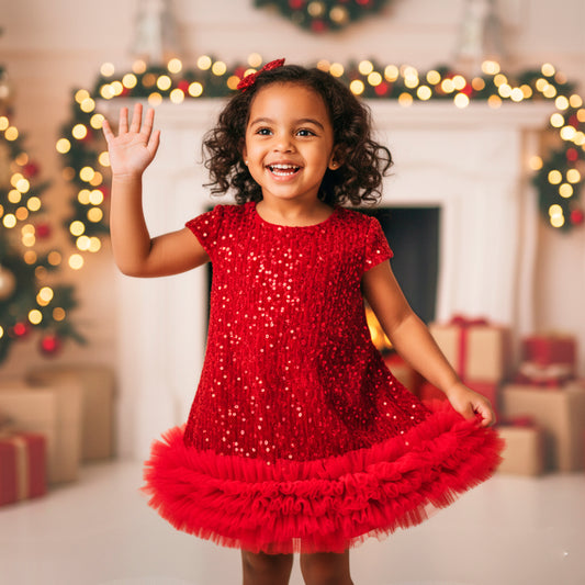 Toddler Girl Christmas Red Dress - Sparkle Sequin & Fluffy Tulle Ruffles
