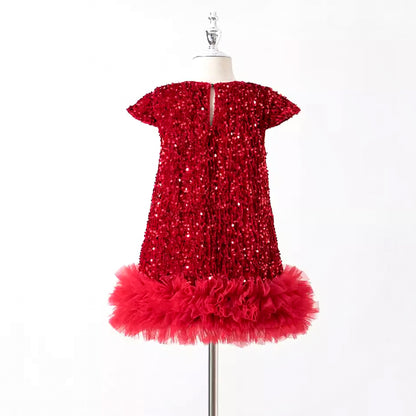 Toddler Girl Christmas Red Dress - Sparkle Sequin & Fluffy Tulle Ruffles