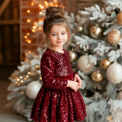 Sparkle Christmas Girls Dress: Burgundy Red Velvet Sequined Gown, Xmas Holiday Party Kids & Toddler Elegant Outfit for Special Occasion