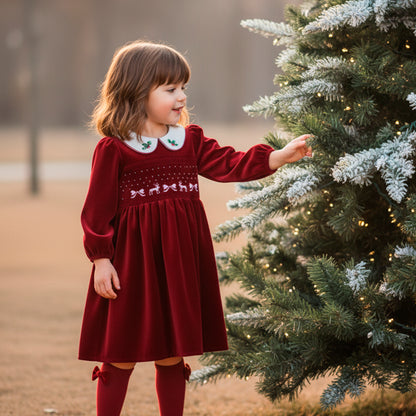 Red Velvet Smocked Christmas Girls Dress: Holly Embroidered Burgundy Retro Dress Long Sleeve, Toddler Girl Xmas Holiday Clothes