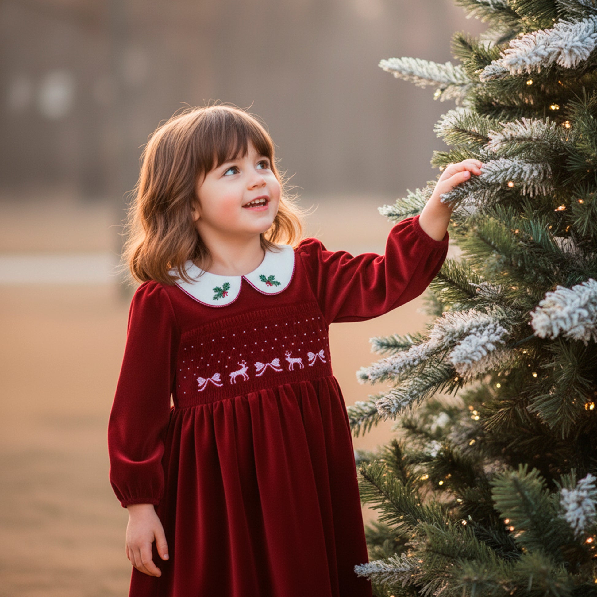 Red Velvet Smocked Christmas Girls Dress: Holly Embroidered Burgundy Retro Dress Long Sleeve, Toddler Girl Xmas Holiday Clothes