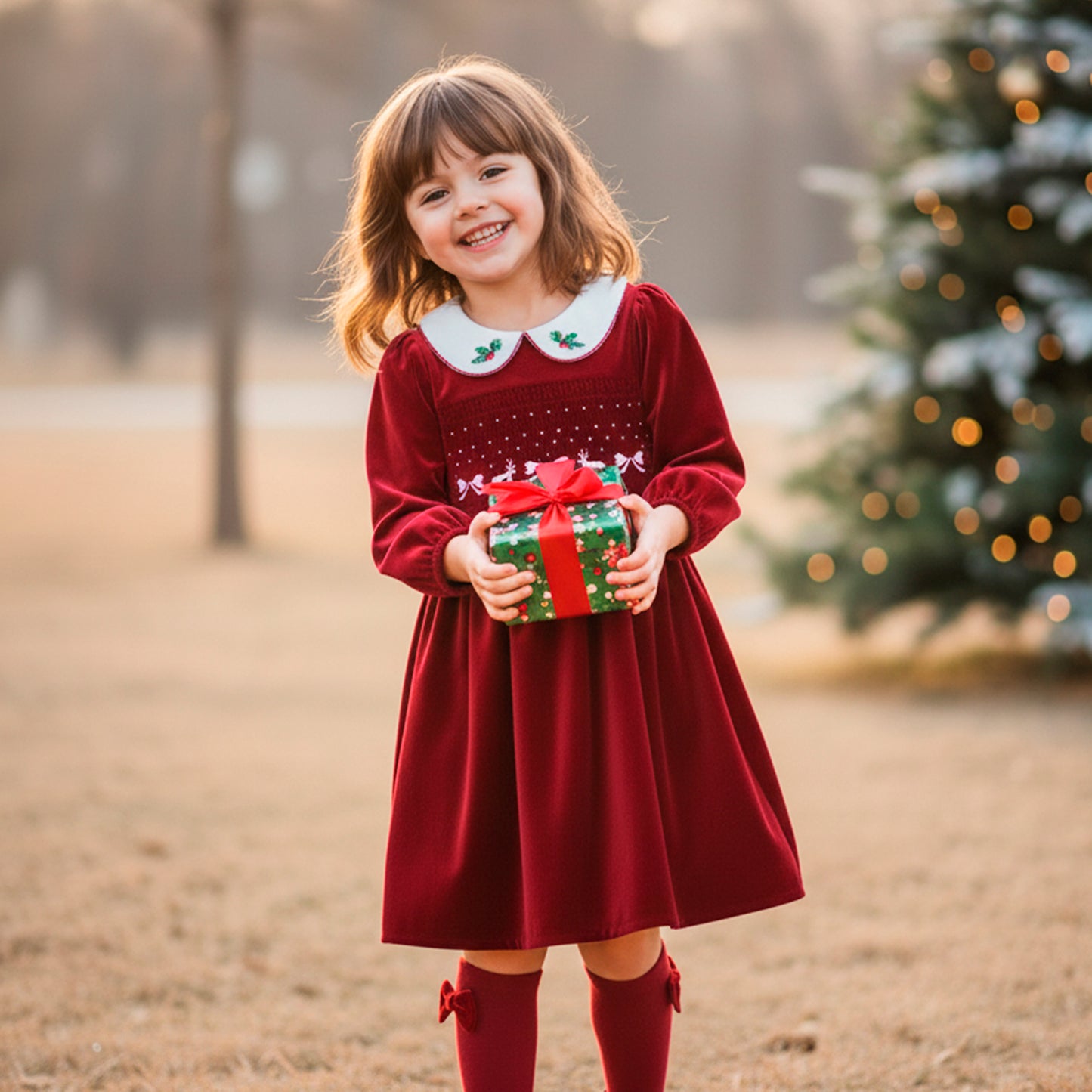 Red Velvet Smocked Christmas Girls Dress: Holly Embroidered Burgundy Retro Dress Long Sleeve, Toddler Girl Xmas Holiday Clothes