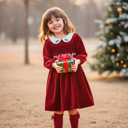 Red Velvet Smocked Christmas Girls Dress: Holly Embroidered Burgundy Retro Dress Long Sleeve, Toddler Girl Xmas Holiday Clothes