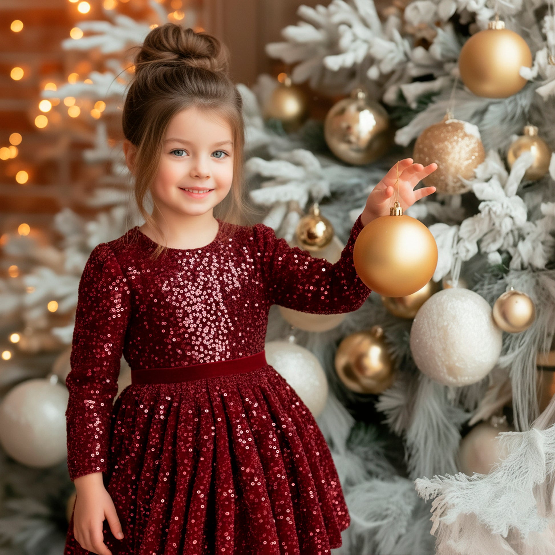 Sparkle Christmas Girls Dress: Burgundy Red Velvet Sequined Gown, Xmas Holiday Party Kids & Toddler Elegant Outfit for Special Occasion