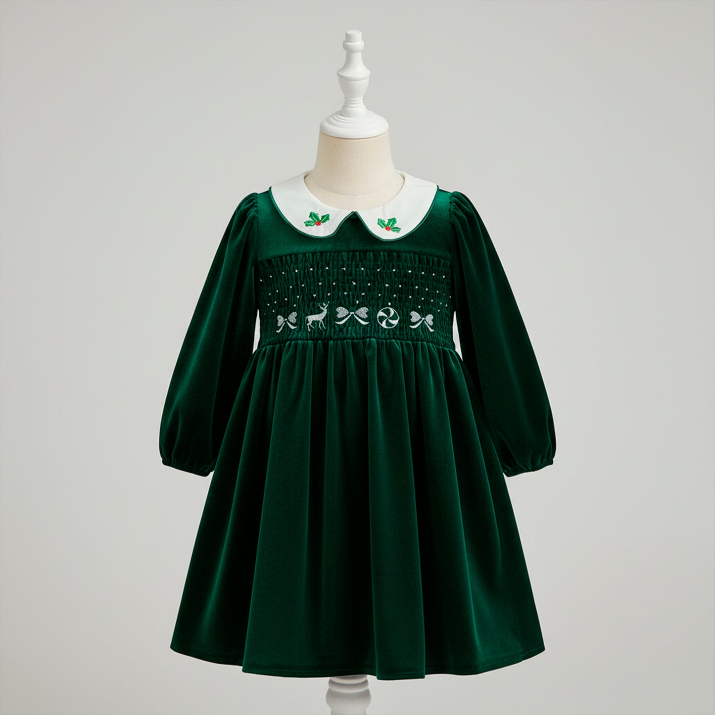 Christmas Girls Dress: Emerald Green Velvet Smocked Retro Dress with Embroidery for Toddler Girl, Winter Xmas Holiday Outfit