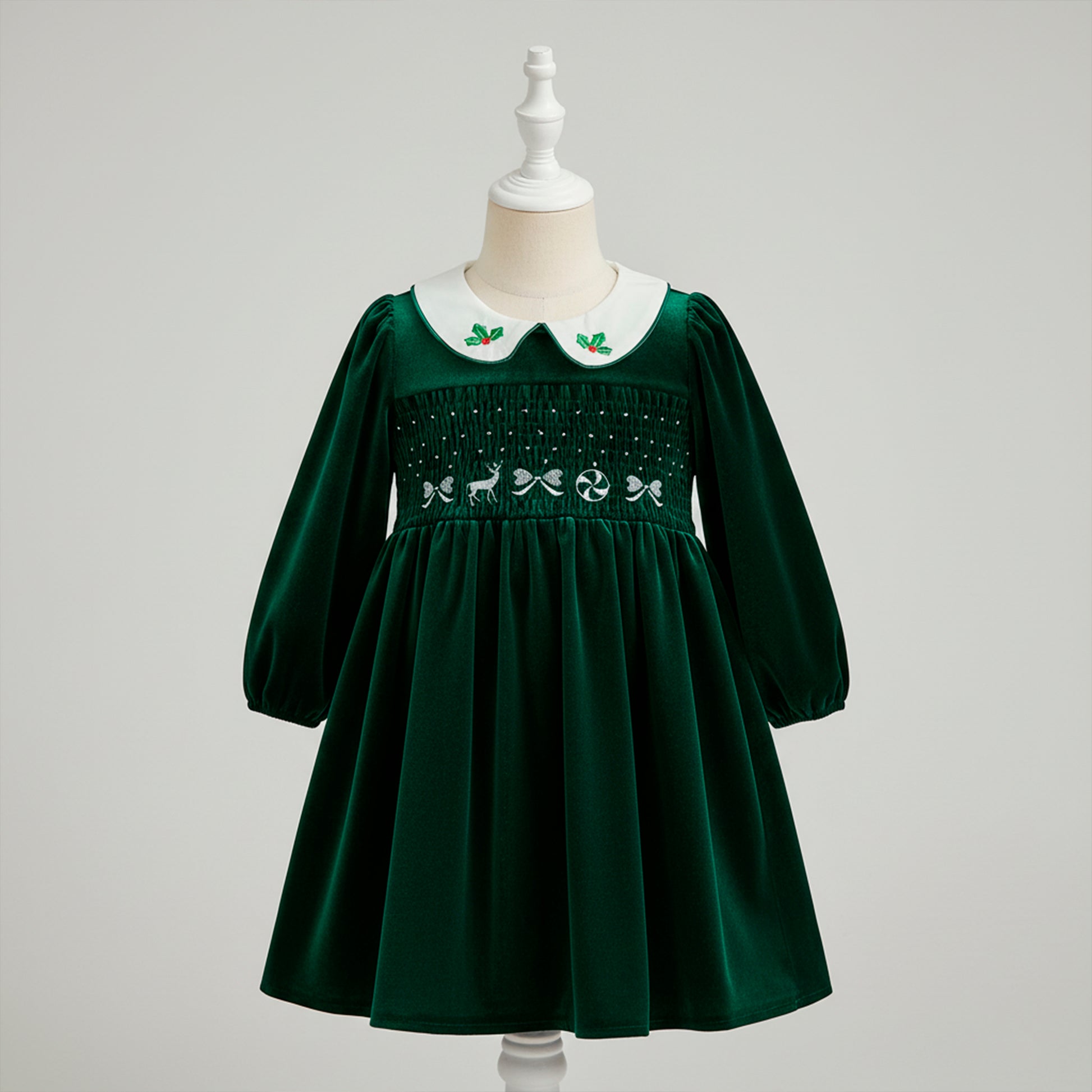Christmas Girls Dress: Emerald Green Velvet Smocked Retro Dress with Embroidery for Toddler Girl, Winter Xmas Holiday Outfit