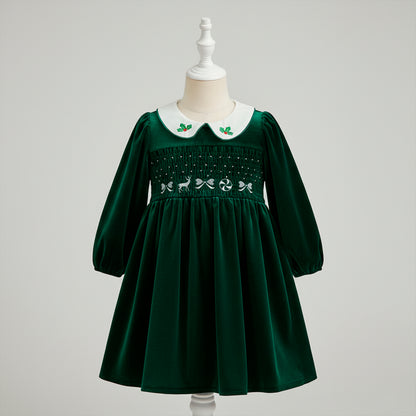 Christmas Girls Dress: Emerald Green Velvet Smocked Retro Dress with Embroidery for Toddler Girl, Winter Xmas Holiday Outfit