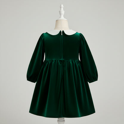 Christmas Girls Dress: Emerald Green Velvet Smocked Retro Dress with Embroidery for Toddler Girl, Winter Xmas Holiday Outfit
