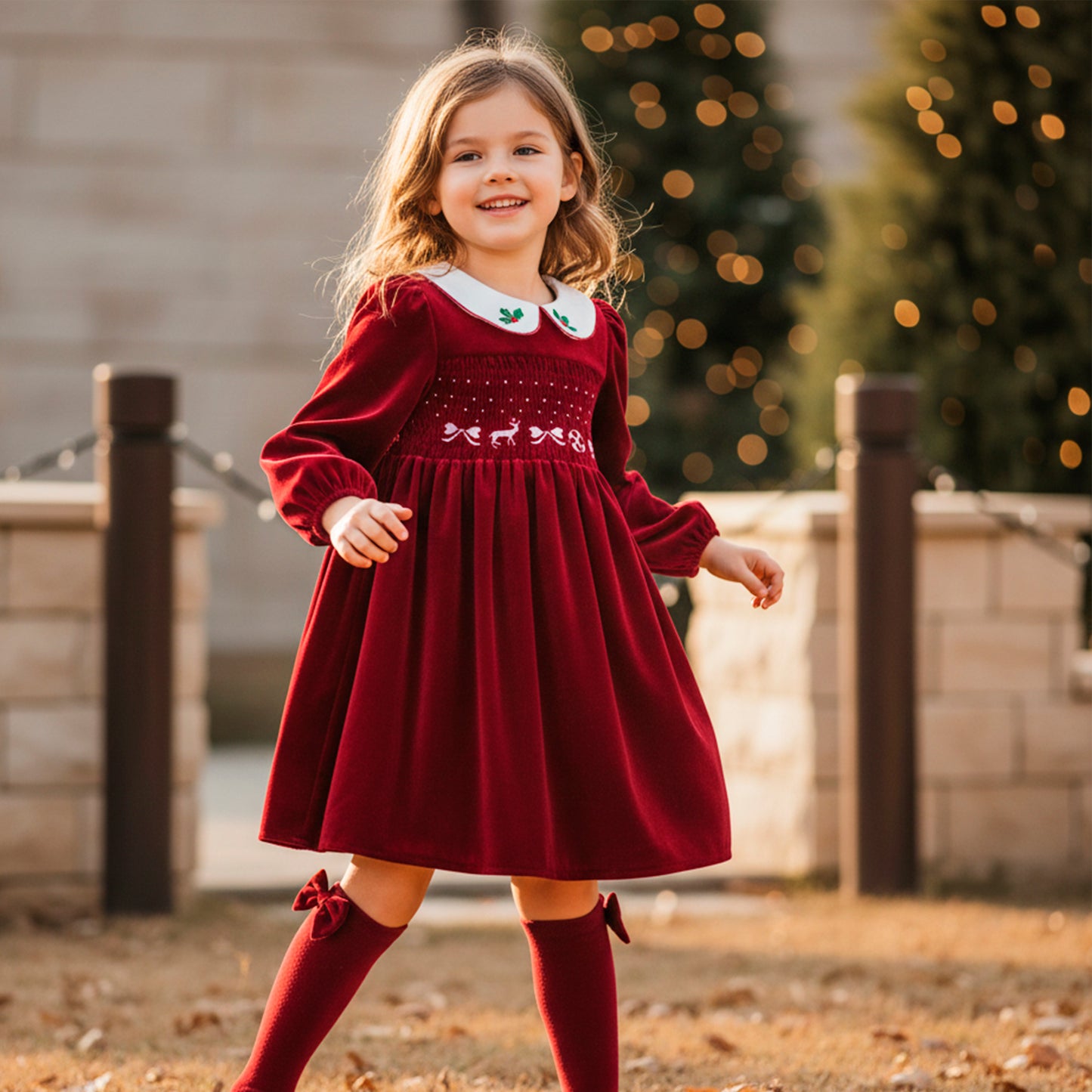 Red Velvet Smocked Christmas Girls Dress & Stockings: Holly Embroidered Burgundy Retro Dress Long Sleeve, Toddler Girl Xmas Holiday Clothes