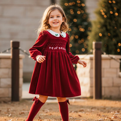 Red Velvet Smocked Christmas Girls Dress & Stockings: Holly Embroidered Burgundy Retro Dress Long Sleeve, Toddler Girl Xmas Holiday Clothes