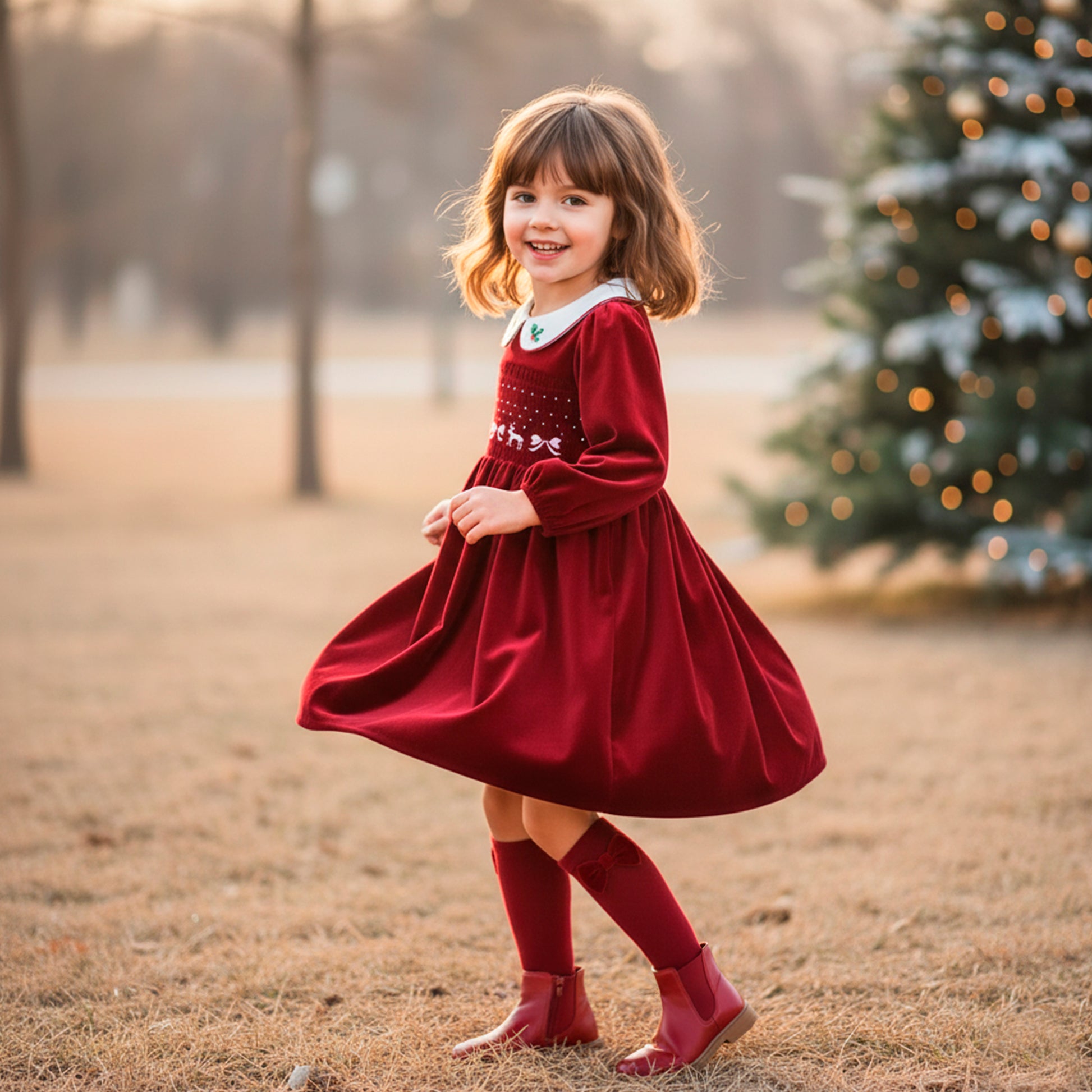 Red Velvet Smocked Christmas Girls Dress: Holly Embroidered Burgundy Retro Dress Long Sleeve, Toddler Girl Xmas Holiday Clothes