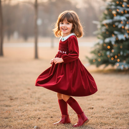 Red Velvet Smocked Christmas Girls Dress: Holly Embroidered Burgundy Retro Dress Long Sleeve, Toddler Girl Xmas Holiday Clothes