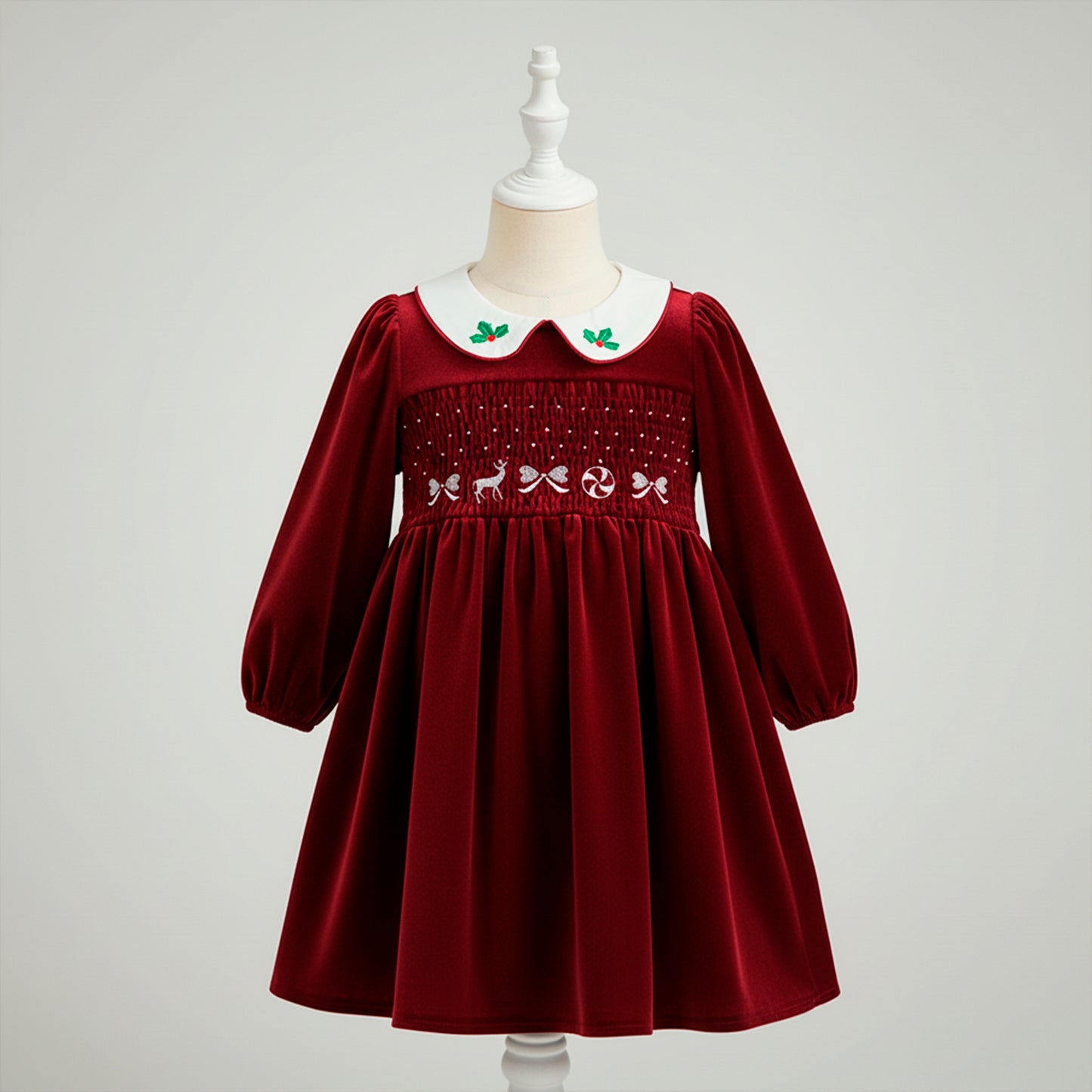 Red Velvet Smocked Christmas Girls Dress: Holly Embroidered Burgundy Retro Dress Long Sleeve, Toddler Girl Xmas Holiday Clothes
