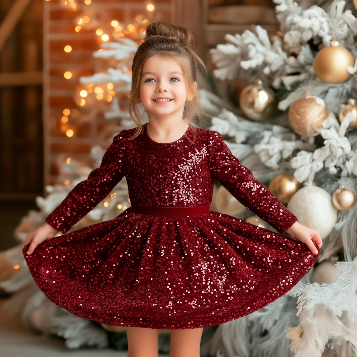 Sparkle Christmas Girls Dress: Burgundy Red Velvet Sequined Gown, Xmas Holiday Party Kids & Toddler Elegant Outfit for Special Occasion