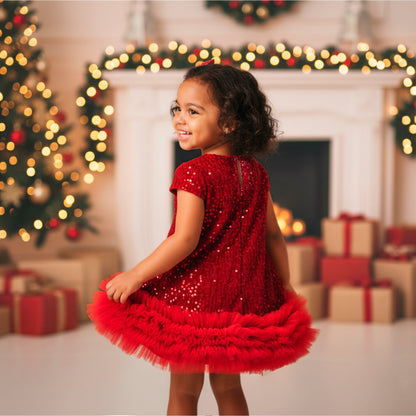 Toddler Girl Christmas Red Dress - Sparkle Sequin & Fluffy Tulle Ruffles